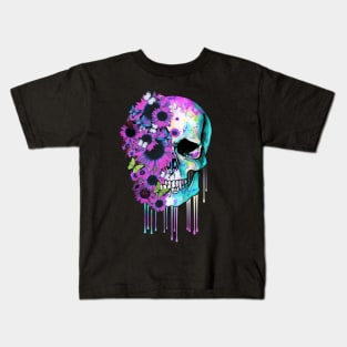 Tattoo skull floral sunflowers watercolor design Kids T-Shirt